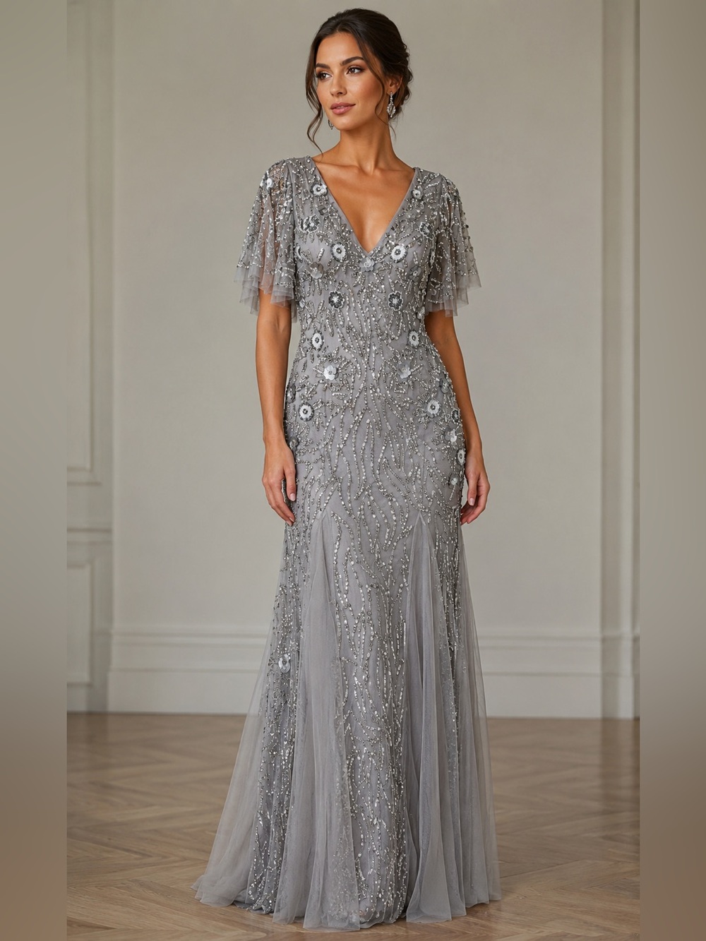 NWT Morilee MGNY Floral Beaded Embellished Flutter Sleeve Gown 10